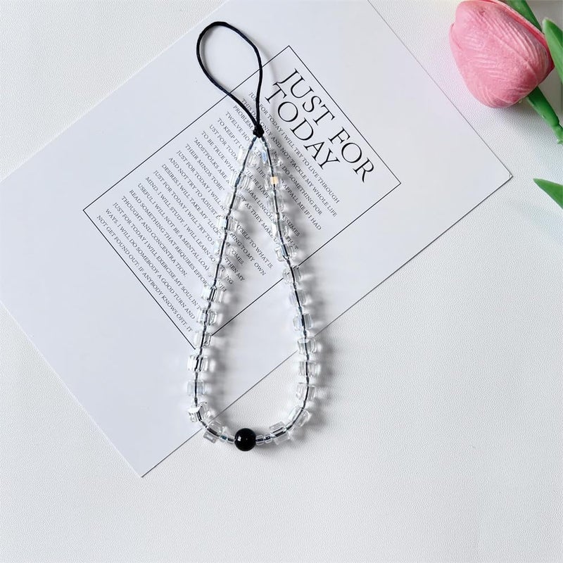 WCCH Beaded Phone Charm Y2K Kawaii Handmade Acrylic Phone Lanyard Wrist Strap for Camera Bag Airpods Keychain Charm Transparent Square Crystal - Image 2